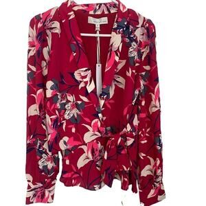 Adelyn Rae Red Floral Wrap Long Sleeve Collared Flowy Shirt Sz S